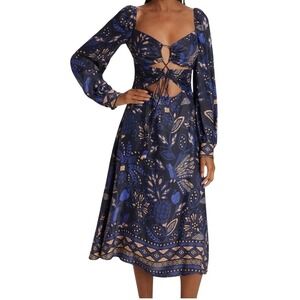 Farm Rio  Macaw Forest Black  Midi Dress Cutout Bodice Long Sleeve Size M NWT
